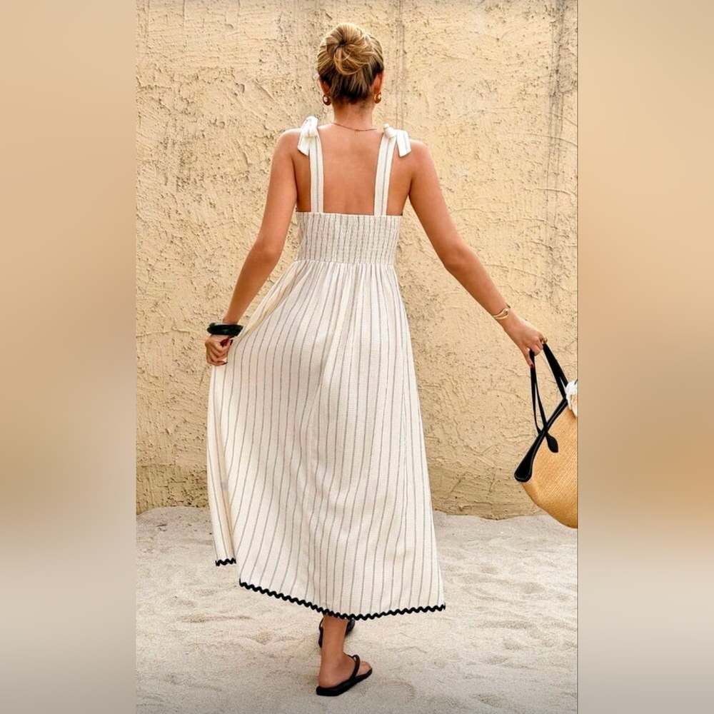 New Flowy Tie Strap Rickrack Trim Long Dress Cream Tan Black - Picture 6 of 10
